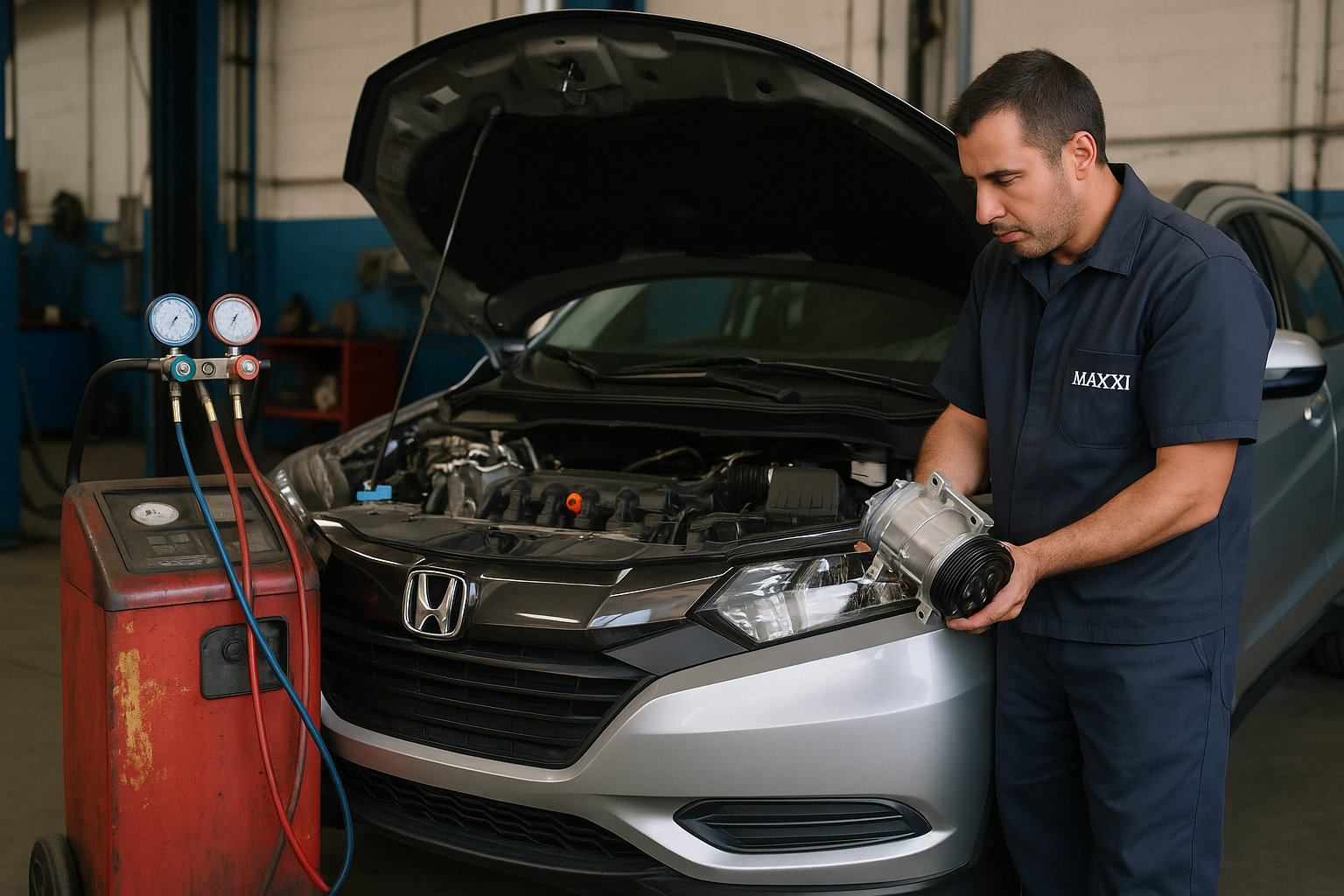 Compressor automotivo sendo removido para troca