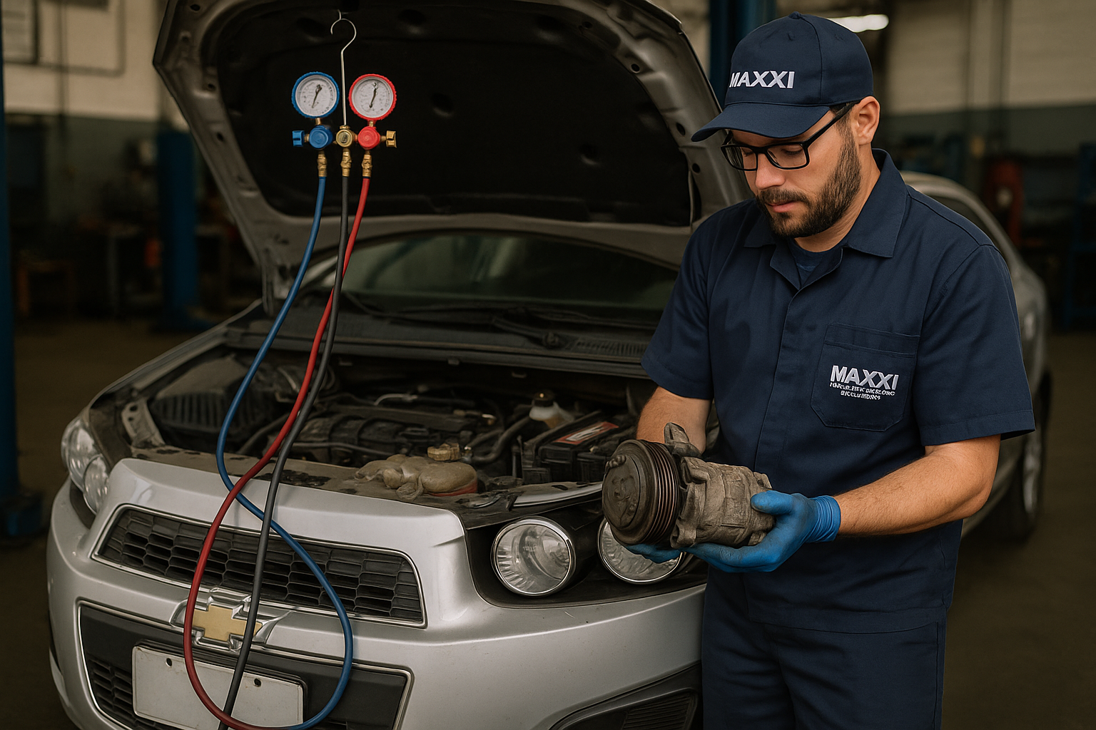 Novo compressor automotivo em instalação